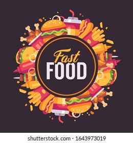 Fast food flat illustration. Delicious food arranged in circle