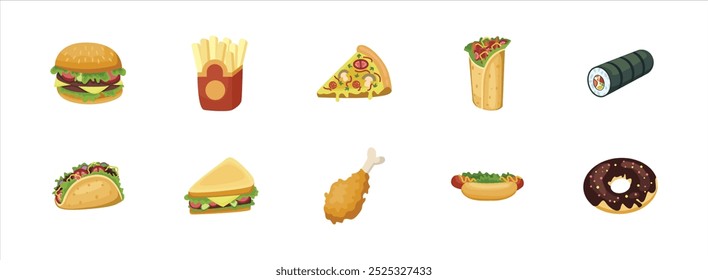 Fast Food flat illustration set. Include of burger, pizza, drink, and taco. Vector illustration isolated.