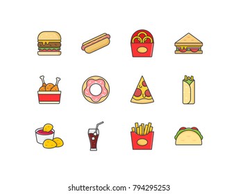 Fast food flat line colored icons set with burger, hotdog, onion rings, sandwich, chicken, donut, pizza, wrap, nuggets, fresh fries, tacos.