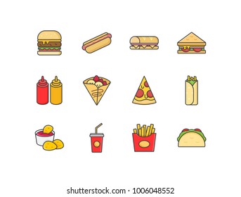 Fast food flat line colorful icons with hamburger, hotdog, sandwich, crepes, pizza, wrap, nuggets, soda drink, French fries, tacos.