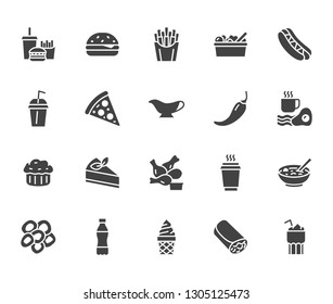 Fast food flat line glyph set. Burger, combo lunch, french fries, hot dog, sauce, salad, soup, pizza vector illustrations. Signs for restaurant menu. Solid silhouette pixel perfect 64x64.