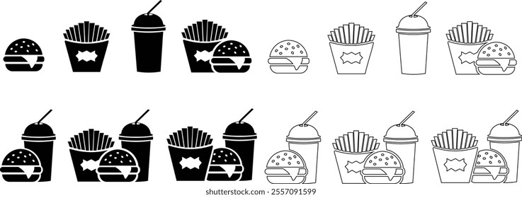 Fast food flat line icon set. Burger combo lunch french fries sauce salad soup and drink vector collection isolated on transparent background. Thin signs for restaurant menu silhouette image clip art