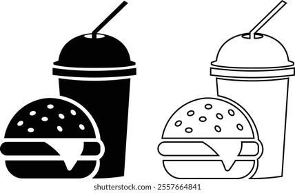 Fast food flat line icon set. Burger combo lunch french fries sauce salad soup and drink vector collection isolated on transparent background. Thin signs for restaurant menu silhouette image clip art