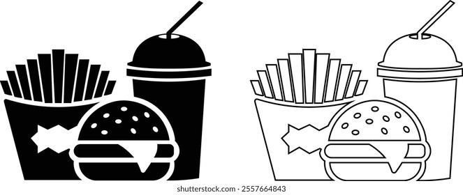 Fast food flat line icon set. Burger combo lunch french fries sauce salad soup and drink vector collection isolated on transparent background. Thin signs for restaurant menu silhouette image clip art