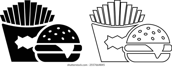 Fast food flat line icon set. Burger combo lunch french fries sauce salad soup and drink vector collection isolated on transparent background. Thin signs for restaurant menu silhouette image clip art