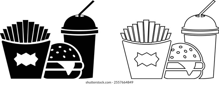 Fast food flat line icon set. Burger combo lunch french fries sauce salad soup and drink vector collection isolated on transparent background. Thin signs for restaurant menu silhouette image clip art