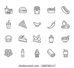 Fast food flat line icons set. Burger, combo lunch, french fries, hot dog, sauce, salad, soup, pizza vector illustrations. Thin signs for restaurant menu. Pixel perfect 64x64. Editable Strokes.