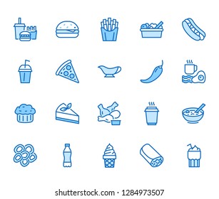 Fast food flat line icons set. Burger, combo lunch, french fries, hot dog, sauce, salad, soup, pizza vector illustrations. Thin signs for restaurant menu. Pixel perfect 64x64. Editable Strokes.