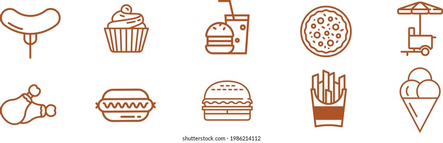 Fast food flat line icons set. Burger, combo lunch, french fries, hot dog, sauce, salad, soup, pizza vector illustrations. Thin signs for restaurant menu