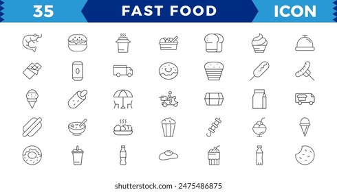 Fast food flat line icons set. Burger, combo lunch, french fries, Burger, donut, french fries, hot dog, kabab, pizza, ice cream, pizza vector illustrations. Editable Strokes,Pixel Perfect icon
