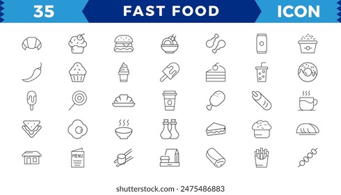 Fast food flat line icons set. Burger, combo lunch, french fries, Burger, donut, french fries, hot dog, kabab, pizza, ice cream, pizza vector illustrations. Editable Strokes,Pixel Perfect icon
