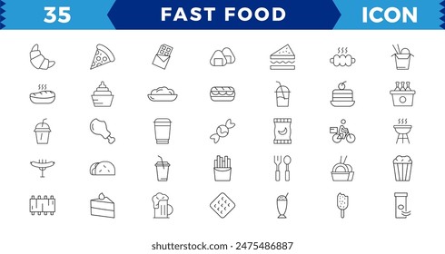 Fast food flat line icons set. Burger, combo lunch, french fries, Burger, donut, french fries, hot dog, kabab, pizza, ice cream, pizza vector illustrations. Editable Strokes,Pixel Perfect icon
