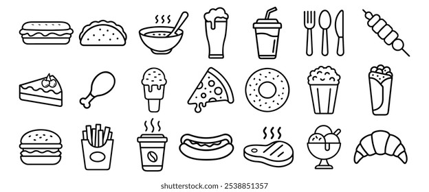 Conjunto de iconos de línea plana de comida rápida. Hamburguesa, bocadillos rápidos, sándwich, patatas fritas, hot dog, burrito mexicano, Ilustraciones vectoriales de pizza. Señales delgadas para el menú del restaurante.