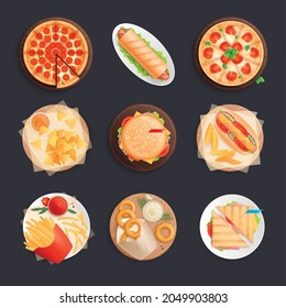 Fast food flat set with top view plates and trays with pizza burger chips hot dog nachos sandwiches onion rings isolated on dark background vector illustration