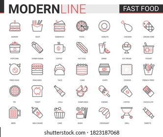 Fast food flat thin red black line icons vector illustration set, outline streetfood cafe menu linear symbols, junk food collection of linear burger sandwich pizza donut pie cake pancakes croissant