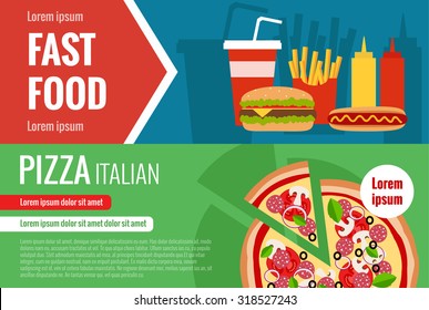 Fast food flat vector horizontal banner set with hamburger, cola, pizza, hotdog and text elements for your design