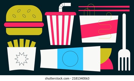 Fast Food Flat Vector Illustration. Burger With French Fries, Noodles, Wrap And Fork. Eating Out Concept. Simple Colourful Cartoon Design.