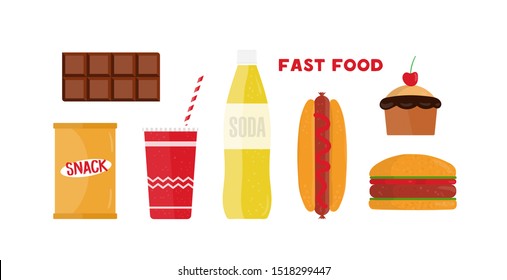 Fast food flat vector illustrations set. Restaurant takeaway products isolated cliparts pack on white background. Unhealthy nutrition eating. Tasty hotdog, burger junk food design elements collection.