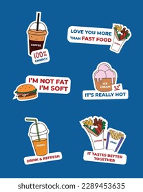 Fast food flat vector stickers with texts, illustrations, cartoon, eps10