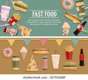  Fast food flayer, poster. Coffee, pizza and hot dog, hamburger, sweet water and fries, ice cream, donut and cocktail.