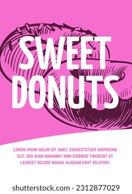 Fast food flyer. Advertising or menu template. Sketch style sweet cupcakes and donuts. Ad poster for cute confectionery shop with copy space. Round glazed cake. Vector delicious product