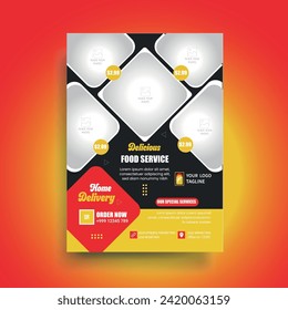 Fast Food Flyer Design cooking, cafe   
and restaurant menu, food ordering, junk food. Pizza, Burger, French fries and Soda, poster, flyer, cover, menu, brochure.