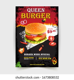 Fast Food Flyer Design Template Cooking, Cafe And Restaurant Menu, Food Ordering, Junk Food. Pizza, Burger, French Fries And Soda. Vector Illustration For Banner, Poster, Flyer, Cover, Menu, Brochure.