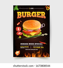 Fast Food Flyer Design Template Cooking, Cafe And Restaurant Menu, Food Ordering, Junk Food. Pizza, Burger, French Fries And Soda. Vector Illustration For Banner, Poster, Flyer, Cover, Menu, Brochure.