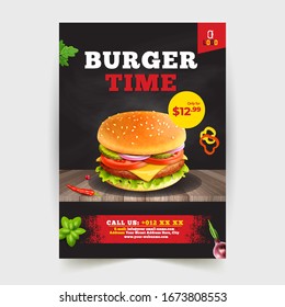 Fast Food Flyer Design Template cooking, cafe and restaurant menu, food ordering, junk food. Pizza, Burger, French fries and Soda. Vector illustration for banner, poster, flyer, cover, menu, brochure.