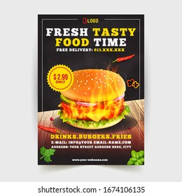 Fast Food Flyer Design Template cooking, cafe and restaurant menu, food ordering, junk food. Pizza, Burger, French fries and Soda. Vector illustration for banner, poster, flyer, cover, menu, brochure.