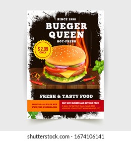 Fast Food Flyer Design Template Cooking, Cafe And Restaurant Menu, Food Ordering, Junk Food. Pizza, Burger, French Fries And Soda. Vector Illustration For Banner, Poster, Flyer, Cover, Menu, Brochure.