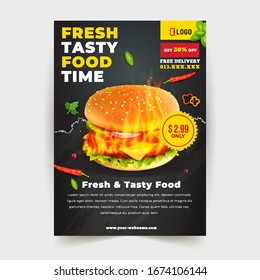 Fast Food Flyer Design Template cooking, cafe and restaurant menu, food ordering, junk food. Pizza, Burger, French fries and Soda. Vector illustration for banner, poster, flyer, cover, menu, brochure.