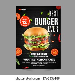 Fast Food Flyer Design Template cooking, cafe and restaurant menu, food ordering, junk food. Pizza, Burger, French fries and Soda. Vector illustration for banner, poster, flyer, cover, menu, brochure.