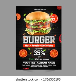 Fast Food Flyer Design Template cooking, cafe and restaurant menu, food ordering, junk food. Pizza, Burger, French fries and Soda. Vector illustration for banner, poster, flyer, cover, menu, brochure.