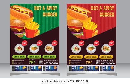 Fast Food Flyer Design Template Cooking, Cafe And Restaurant Menu, Food Ordering, Junk Food. Pizza, Burger, Healthy Meal, Green Color Restaurant Menu Template Banner, Poster, Flyer, Cover, Menu, Broch