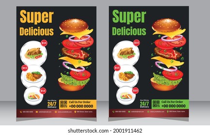 Fast Food Flyer Design Template Cooking, Cafe And Restaurant Menu, Food Ordering, Junk Food. Pizza, Burger, Healthy Meal, Green Color Restaurant Menu Template Banner, Poster, Flyer, Cover, Menu, Broch