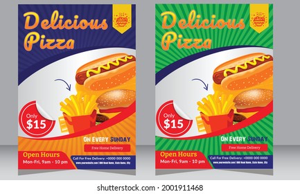 Fast Food Flyer Design Template Cooking, Cafe And Restaurant Menu, Food Ordering, Junk Food. Pizza, Burger, Healthy Meal, Green Color Restaurant Menu Template Banner, Poster, Flyer, Cover, Menu, Broch