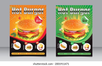 Fast Food Flyer Design Template Cooking, Cafe And Restaurant Menu, Food Ordering, Junk Food. Pizza, Burger, Healthy Meal, Green Color Restaurant Menu Template Banner, Poster, Flyer, Cover, Menu, Broch