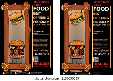 Fast Food Flyer Design Template cooking, cafe and restaurant menu, food ordering, junk food. Pizza, Burger, French fries and Soda. Vector illustration for banner, poster, flyer, cover, menu, brochure.
