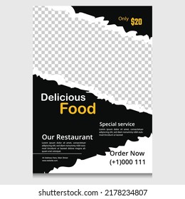 Fast Food Flyer Design Template cooking, cafe and restaurant menu, food ordering, junk food. Pizza, Burger, French fries and Soda. Vector illustration for banner, poster, flyer, cover, menu, brochure.