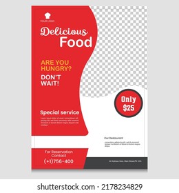 Fast Food Flyer Design Template cooking, cafe and restaurant menu, food ordering, junk food. Pizza, Burger, French fries and Soda. Vector illustration for banner, poster, flyer, cover, menu, brochure.