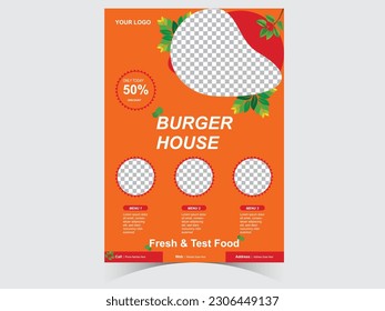 Fast Food Flyer Design Template cooking, cafe and restaurant menu, food ordering, junk food. Pizza, Burger, French fries and Soda. Vector illustration for banner, poster, flyer, cover, menu, brochure.