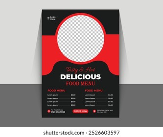 Fast food flyer design template featuring pizza burgers fries and soda for restaurant menus and food ordering. Vector illustration for posters flyers and covers