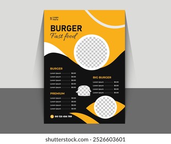 Fast food flyer design template for cafes and restaurants featuring pizza burgers fries and soda. Ideal for menus and food ordering