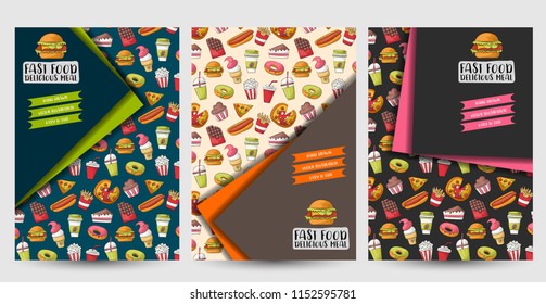 Fast food flyer set. Poster template for a magazine advertisement page, menu, cover. Brochure design concept. Vector illustration.