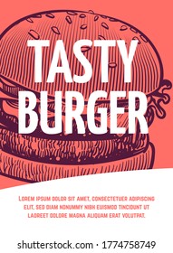 Fast food flyer. Tasty bbq burger restaurant or cafe poster, hamburger hand drawn vector illustration sketch style in red colors for menu with text and copy space