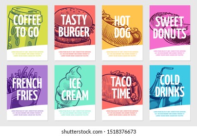 Fast food flyers. Coffee, burger and hotdog, pies and fries, ice cream and cola, sandwich. Restaurant posters vector template card and lunch banner hand draw set