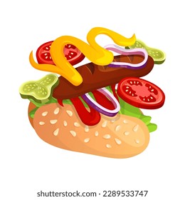 Fast food flying hot dog with sausage in a bun, ketchup. Street takeaway cafe, cooking, junk food. King size, classic american traditional cartoon snacks meals. Vector for banner, poster, menu, flyer