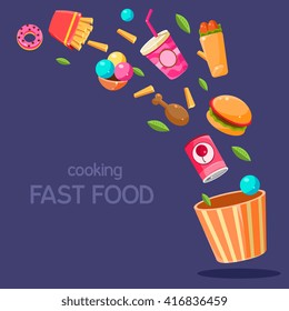 Fast Food Flying In Paper Bucket Flat Bright Colors Simple Style Vector Illustration On Dark Blue Background
