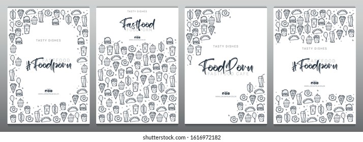 Fast Food and FoodPorn banner with tasty dishes. Burger, French Fries, Soft Drinks and Coffee. Hand draw doodle background